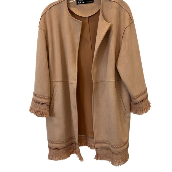 Zara Long Pink Duster Cardigan Jacket 3/4 Sleeves Fringe - Size XS - Picture 8 of 9